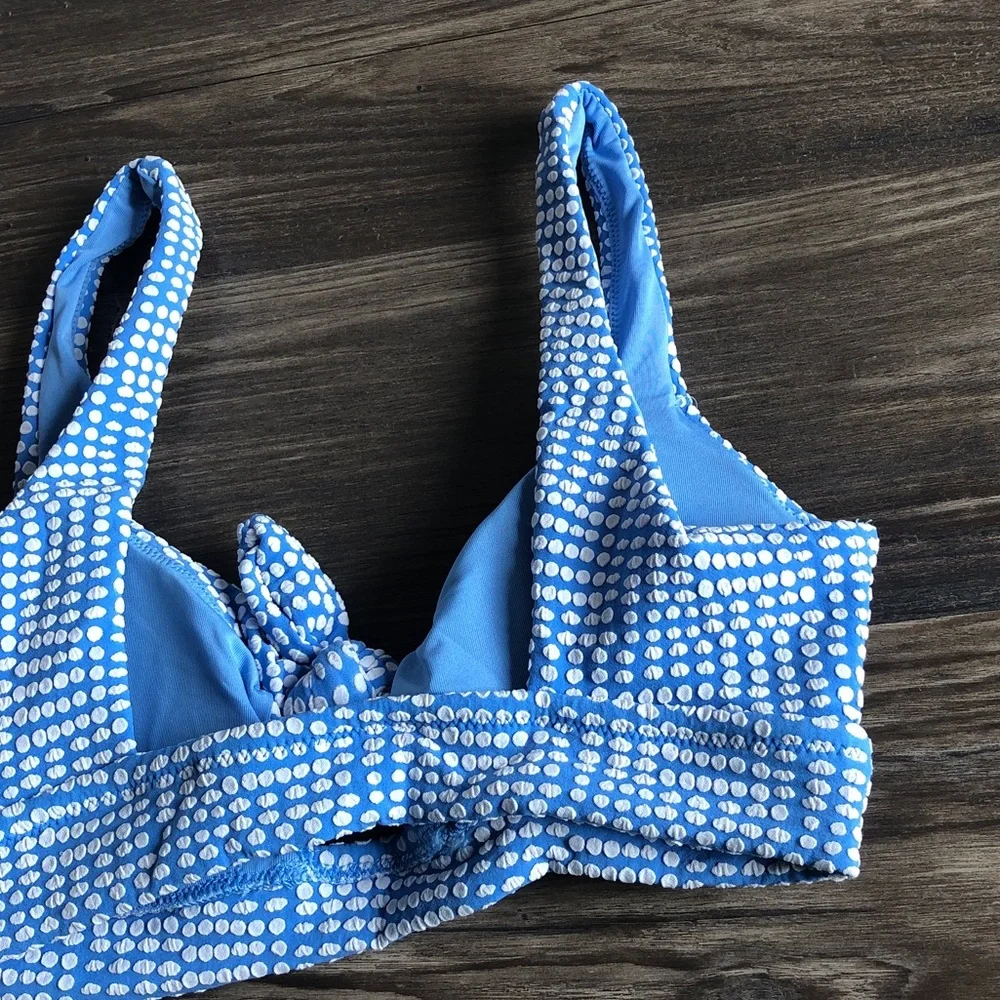 NWT Aerie Scoop Knot Front Bikini Top Blue White Jacquard Polka Dot
